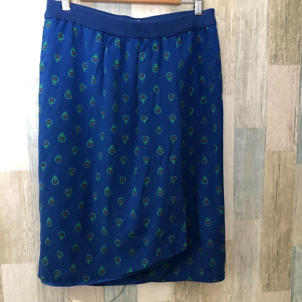 Vintage LIZ CLAIBORNE Blue Green Geo Print Midi Skirt size 10 Lined Midi